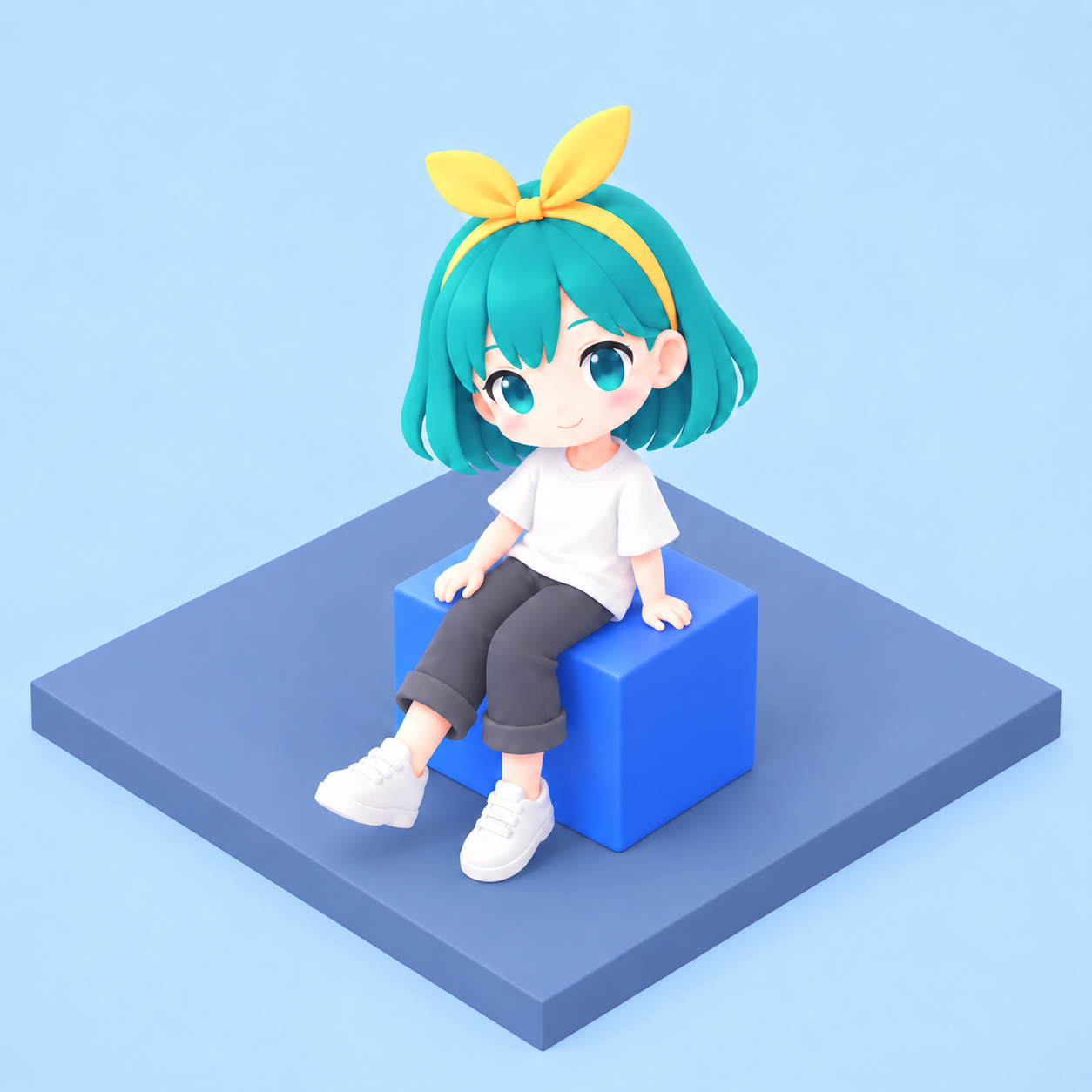 黄色いリボンとターコイズ色の髪のキャラクターが、青い立方体に座っているSceneDrafterのイメージ